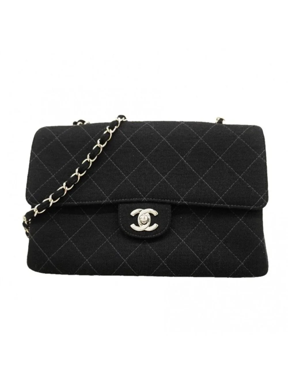 Chanel Shoulder Bag Quilted Cotton Black Silver